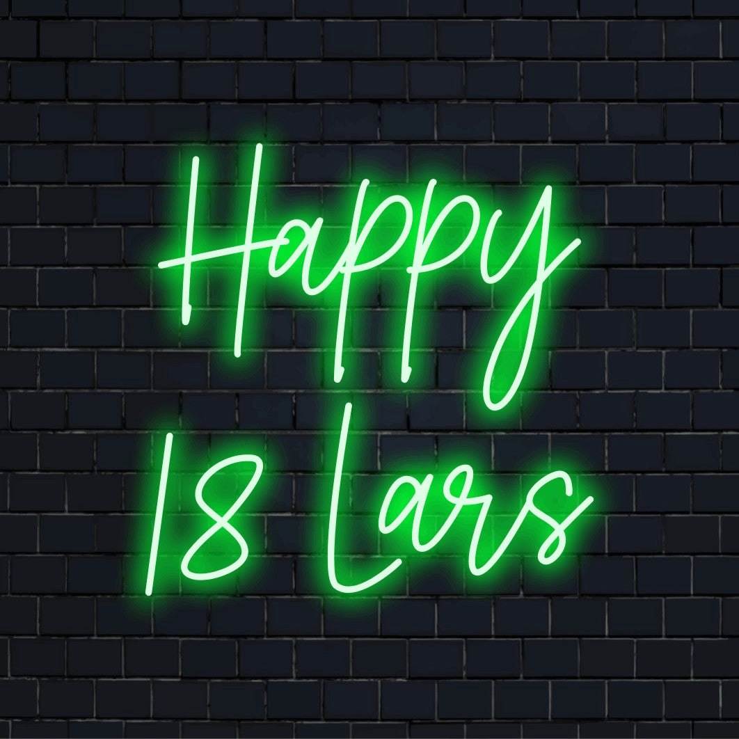 Happy 18 Lars Custom Name Neon Sign, glowing lettering against black brick wall