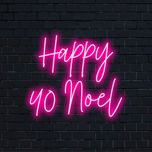 Happy 40 Noel Personalized LED Neon Sign, bright LED glow against black brick wall