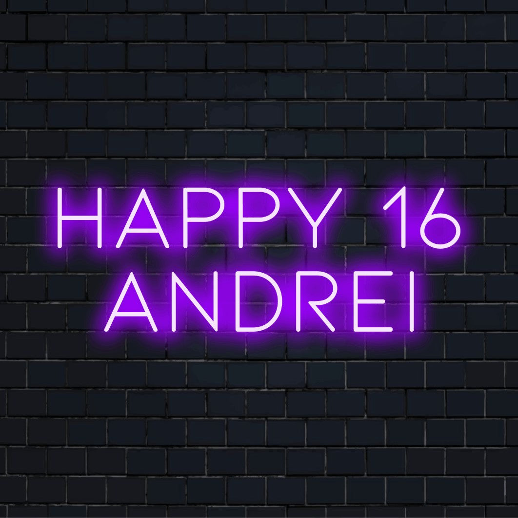 Happy 16 Andrei Custom Name Neon Sign, soft neon glow on dark brick background