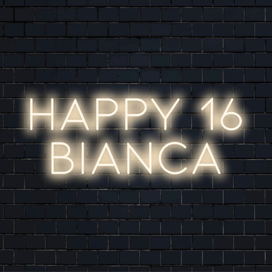 Happy 16 Bianca Personalized Neon Light with soft neon glow on black brick background
