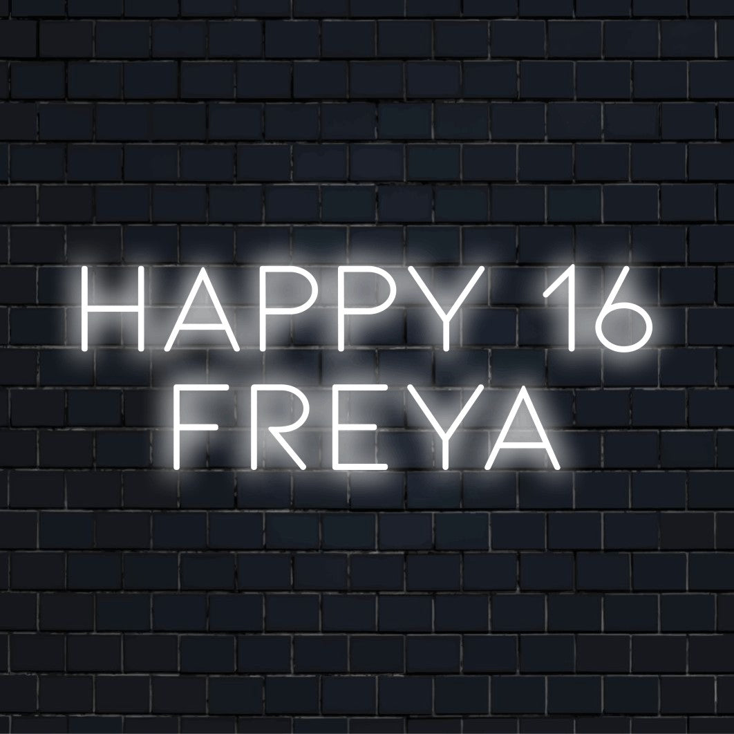 Happy 16 Freya Personalized LED Neon Sign, bright LED glow on dark brick wall