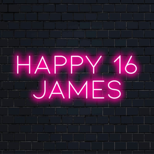 Happy 16 James Personalized Neon Light with glowing neon text on dark brick wall