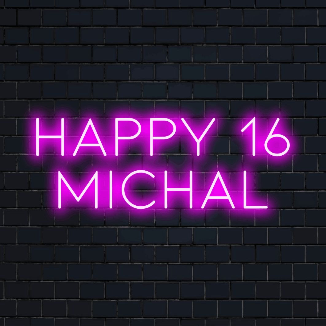 Happy 16 Michal Personalized LED Neon Sign, soft neon glow against brick backdrop