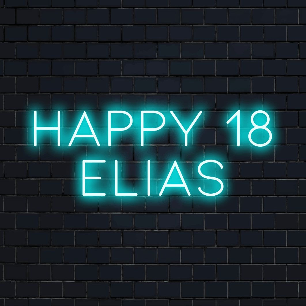 Happy 18 Elias Custom Name Neon Sign, neon text light against black brick wall