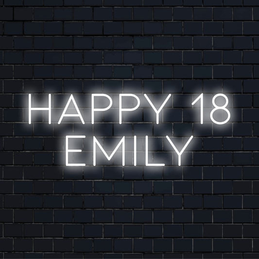 Happy 18 Emily Custom Name Neon Sign, bright neon lettering on black brick background
