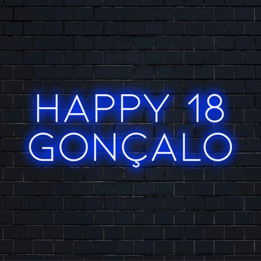 Happy 18 Goncalo Custom Name Neon Sign, glowing wall decor on dark brick wall