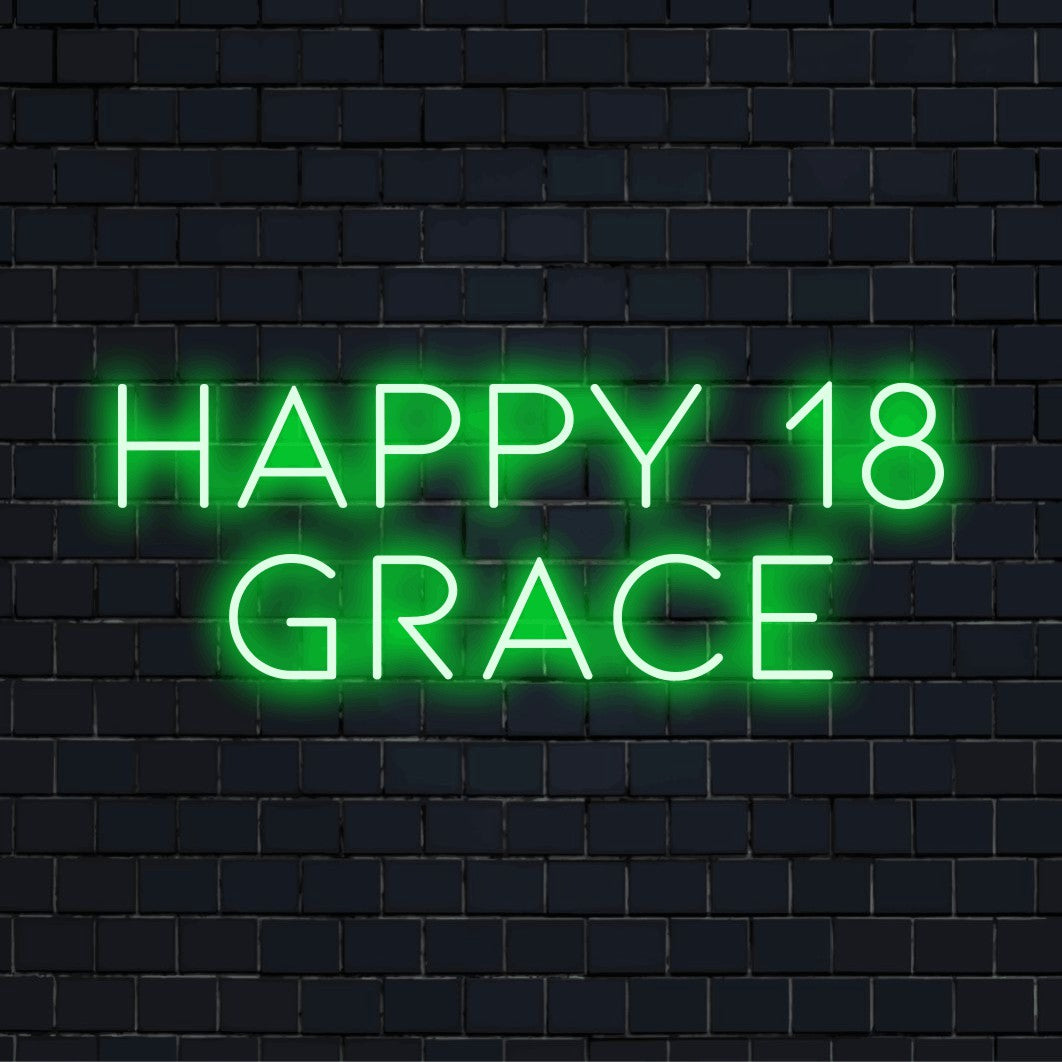 Happy 18 Grace Personalized LED Neon Sign, soft neon glow on black brick background