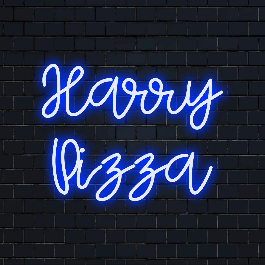 Harry Pizza Personalized LED Neon Sign, glowing lettering on dark brick wall