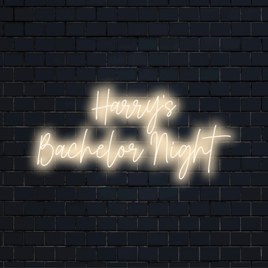 Harry_s Bachelor Night Custom Name Neon Sign, glowing neon text on dark brick wall