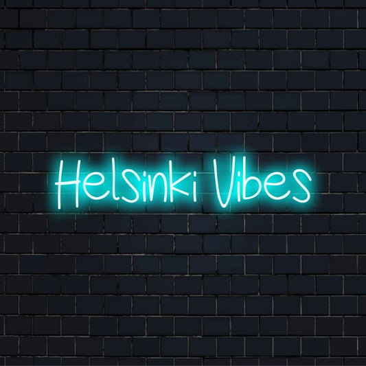 Helsinki Vibes Neon Light with bright LED glow on dark brick background