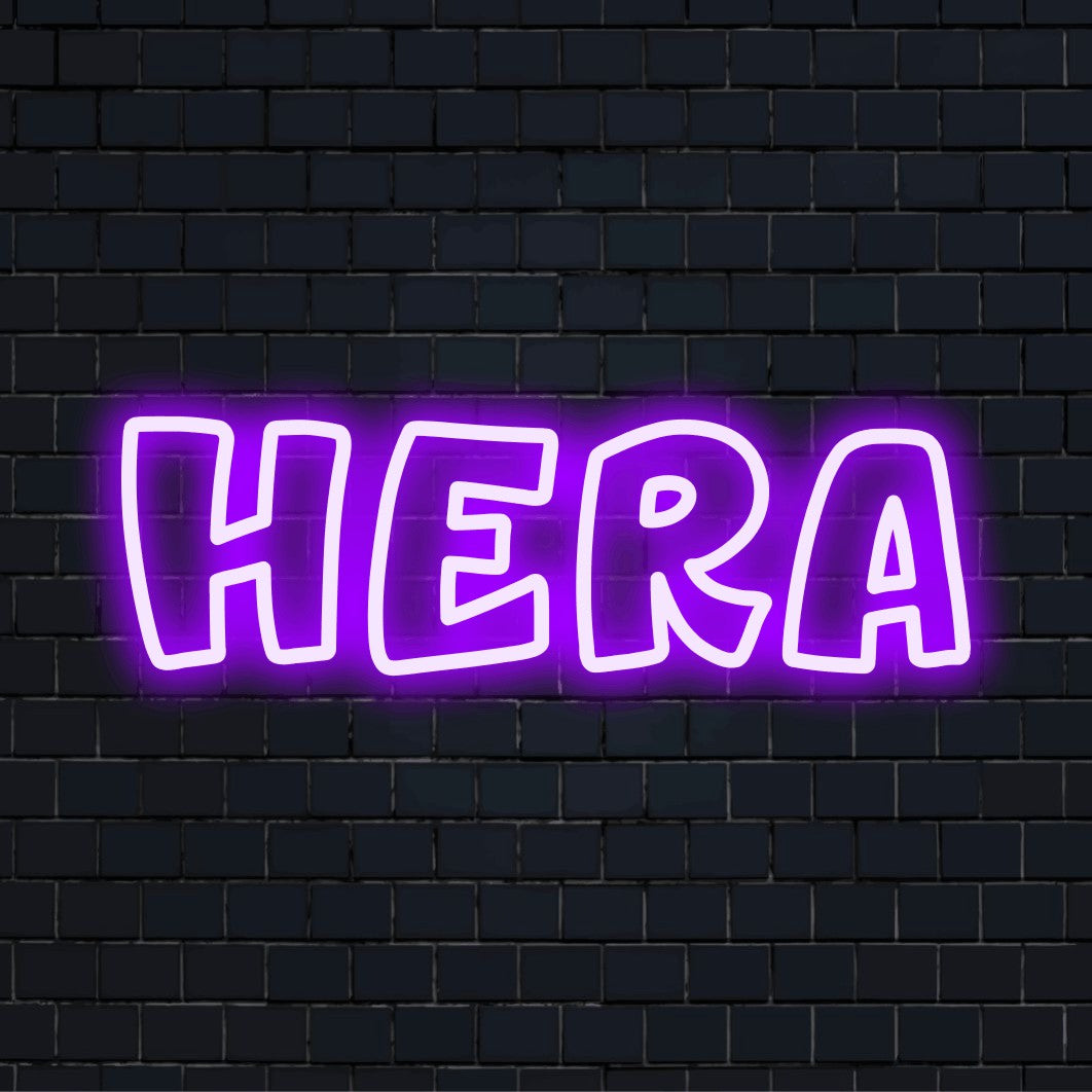 Hera Neon Sign, bright LED glow against black brick wall