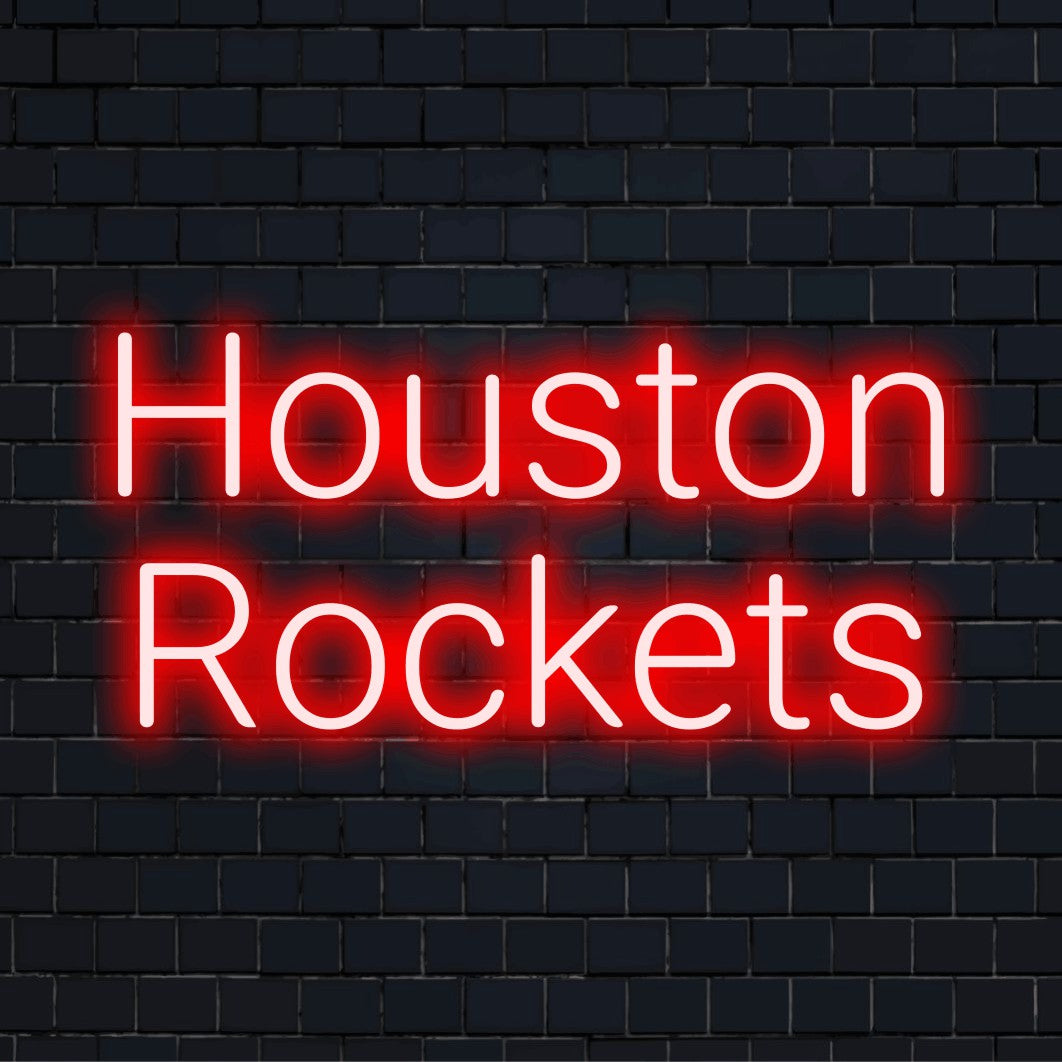 Houston Rockets Neon Sign, bright neon glow on dark brick wall