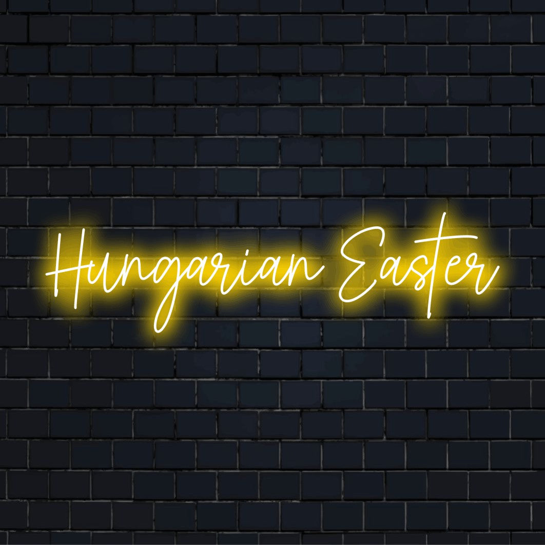 Hungarian Easter Neon Light with glowing lettering on black brick background