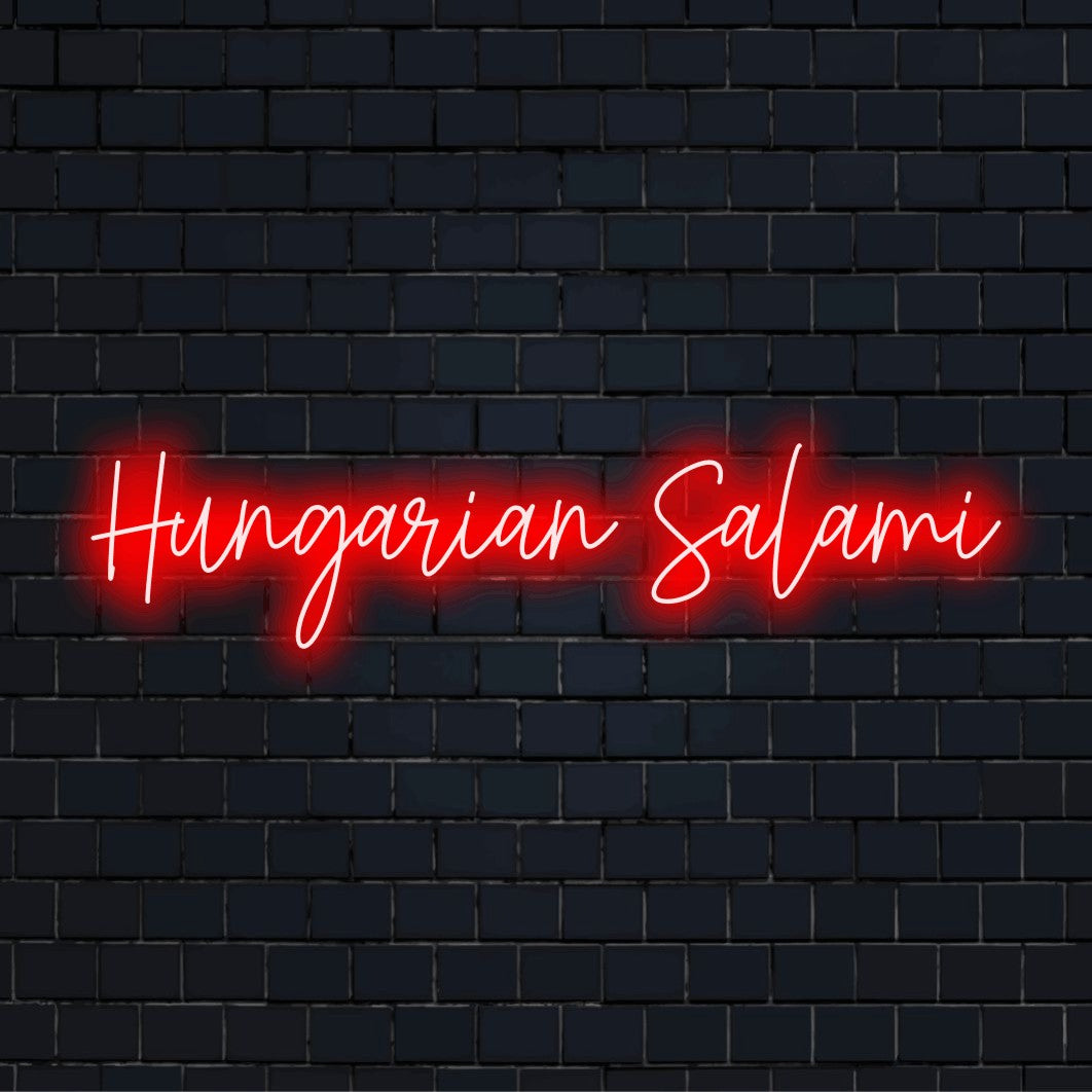 Hungarian Salami Neon Sign, glowing lettering against black brick wall