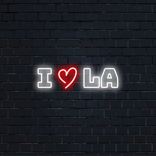 I Love La Neon Sign, soft neon glow on dark brick wall