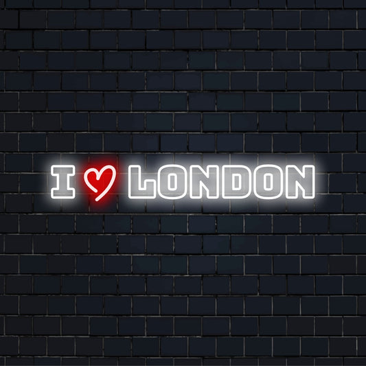 I Love London Neon Sign, glowing neon text on dark brick wall