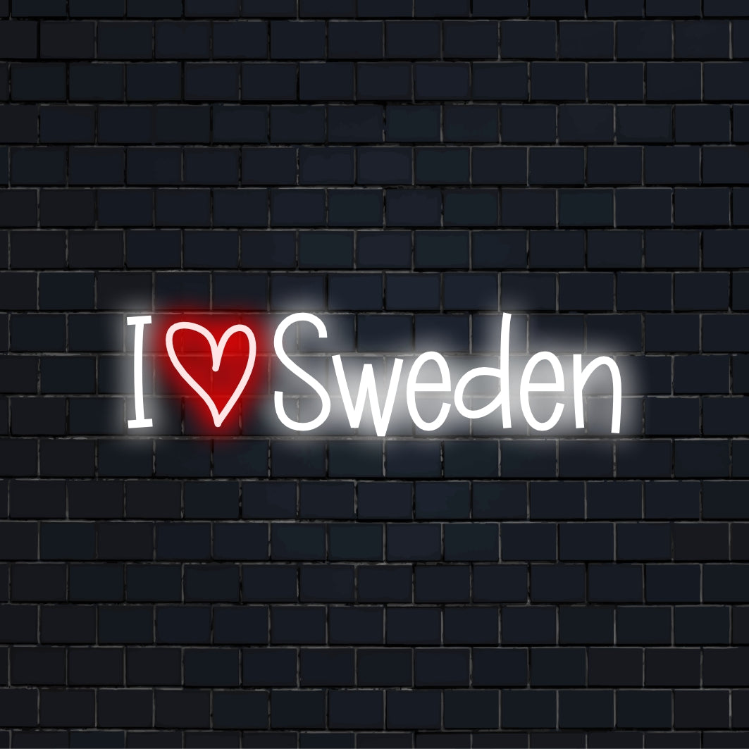 I Love Sweden LED Neon Sign, bright neon glow against black brick wall