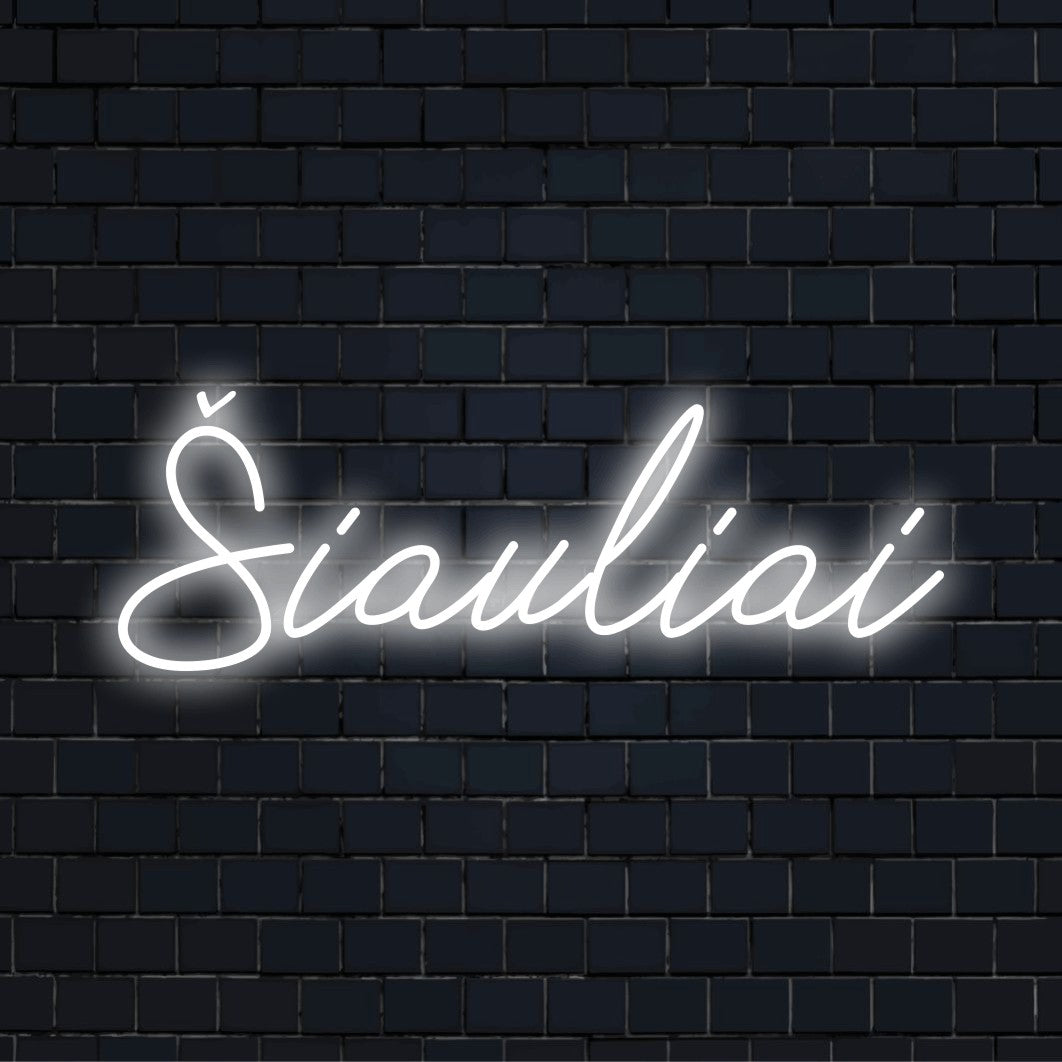 Iauliai LED Neon Sign, bright LED glow against black brick wall