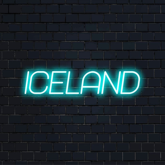 Iceland Neon Sign, bright neon lettering on black brick background