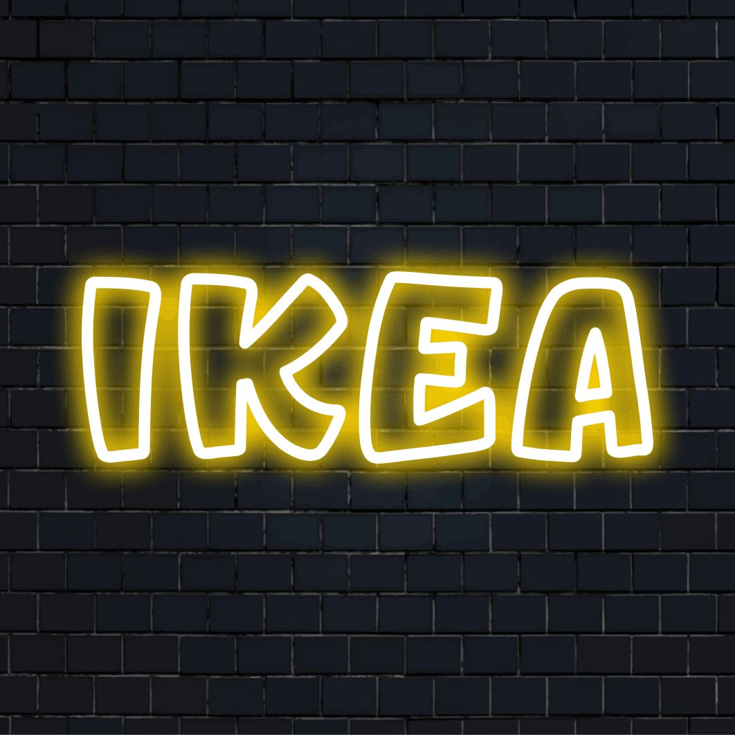 Ikea Neon Sign, bright neon lettering on dark brick wall