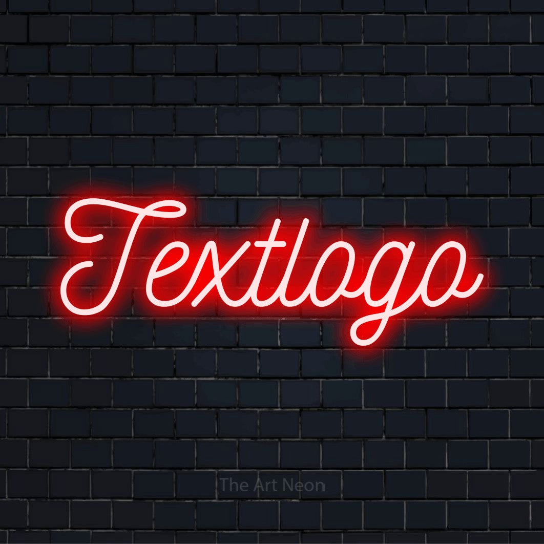 LED-Neonschild mit dem Text „Textlogo“ auf dunkler Ziegelwand