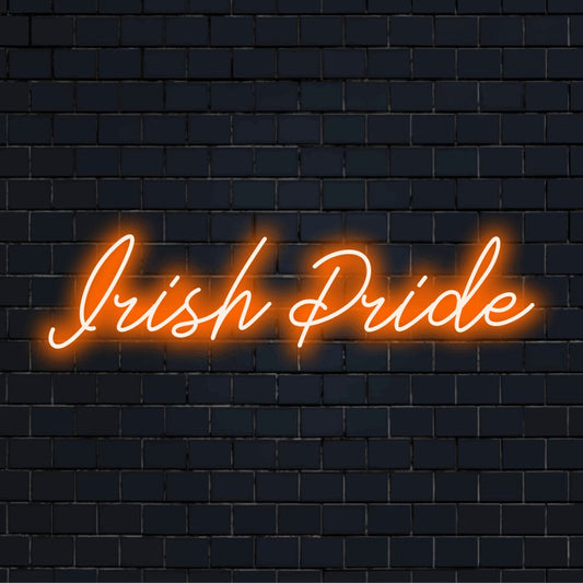 Irish Pride Neon Sign, glowing wall decor on black brick background
