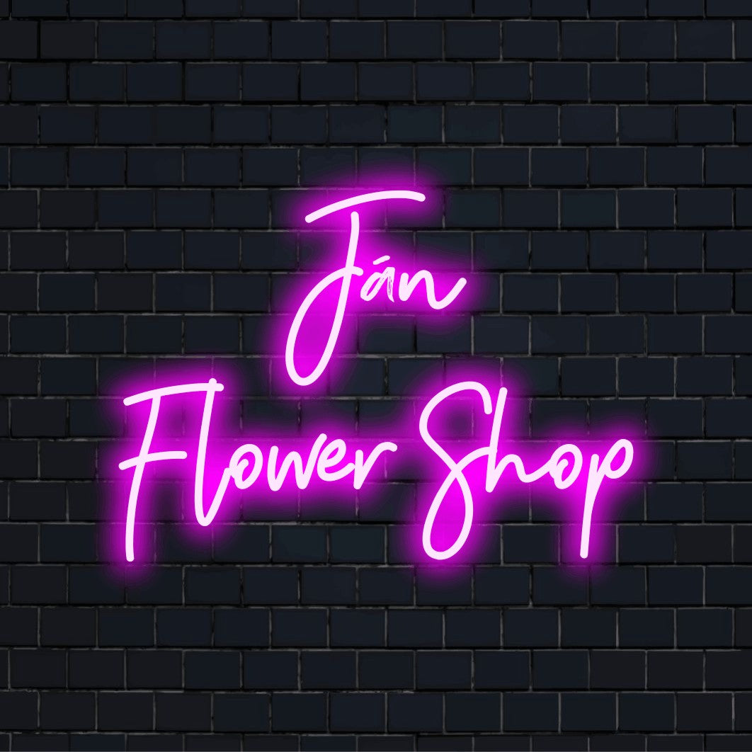 Jan Flower Shop Personalized LED Neon Sign, bright LED glow on dark brick background