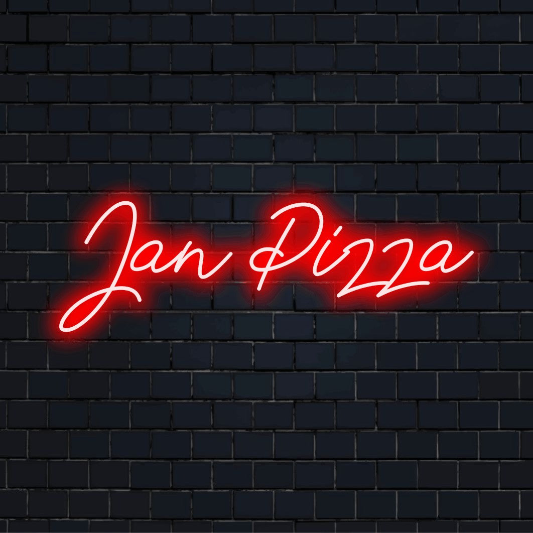Jan Pizza Personalized LED Neon Sign, soft neon glow against brick backdrop