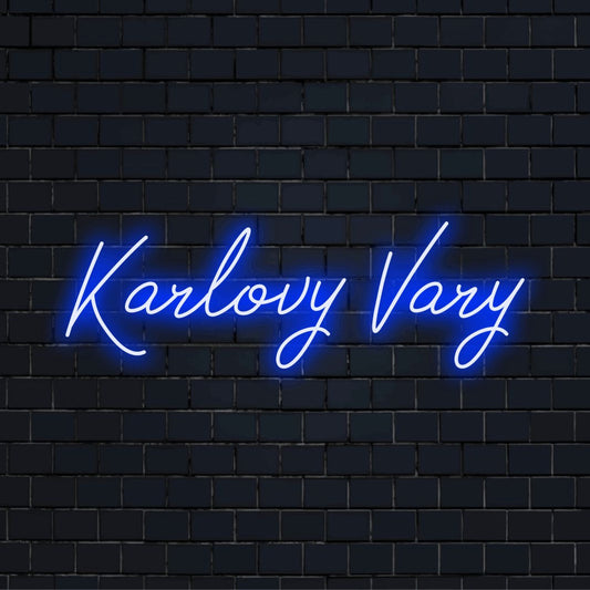 Karlovy Vary LED Neon Sign, bright neon lettering on dark brick background