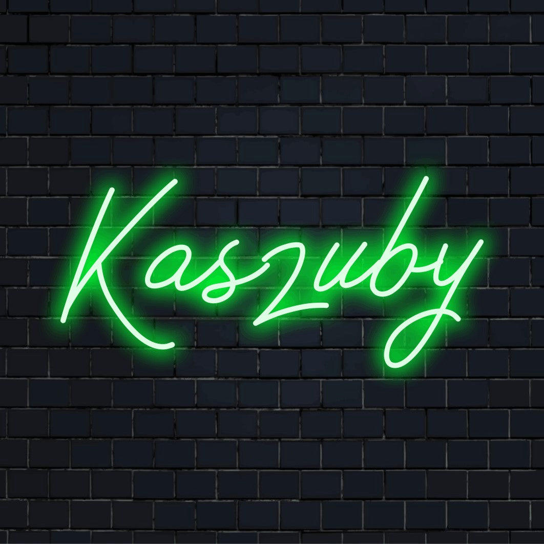 Kaszuby Neon Sign, soft neon glow against black brick wall