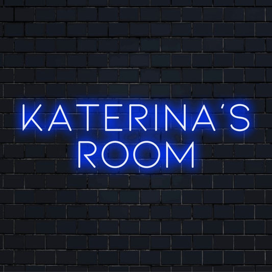 Katerina_s Room Custom Name Neon Sign, glowing neon text on black brick background
