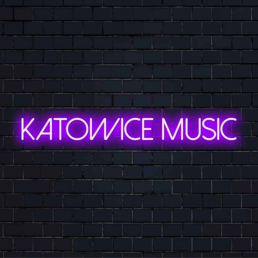 Katowice Music Neon Sign, bright neon lettering on dark brick background
