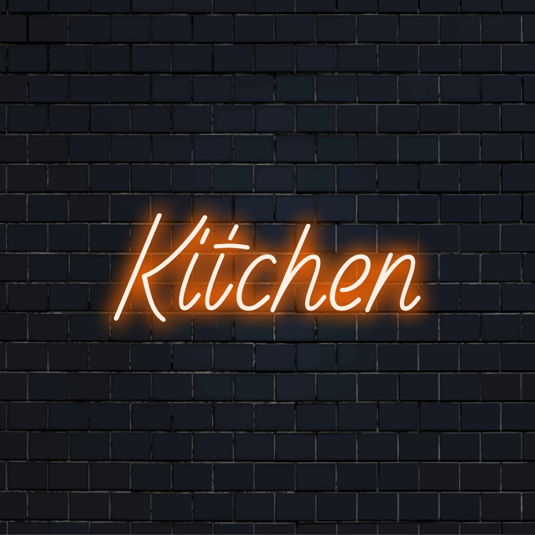 Kitchen Neon Sign, neon text light against brick backdrop