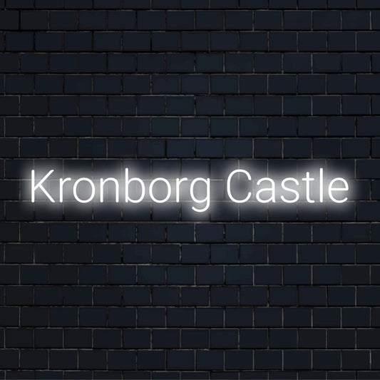 Kronborg Castle Neon Sign, glowing wall decor on black brick background