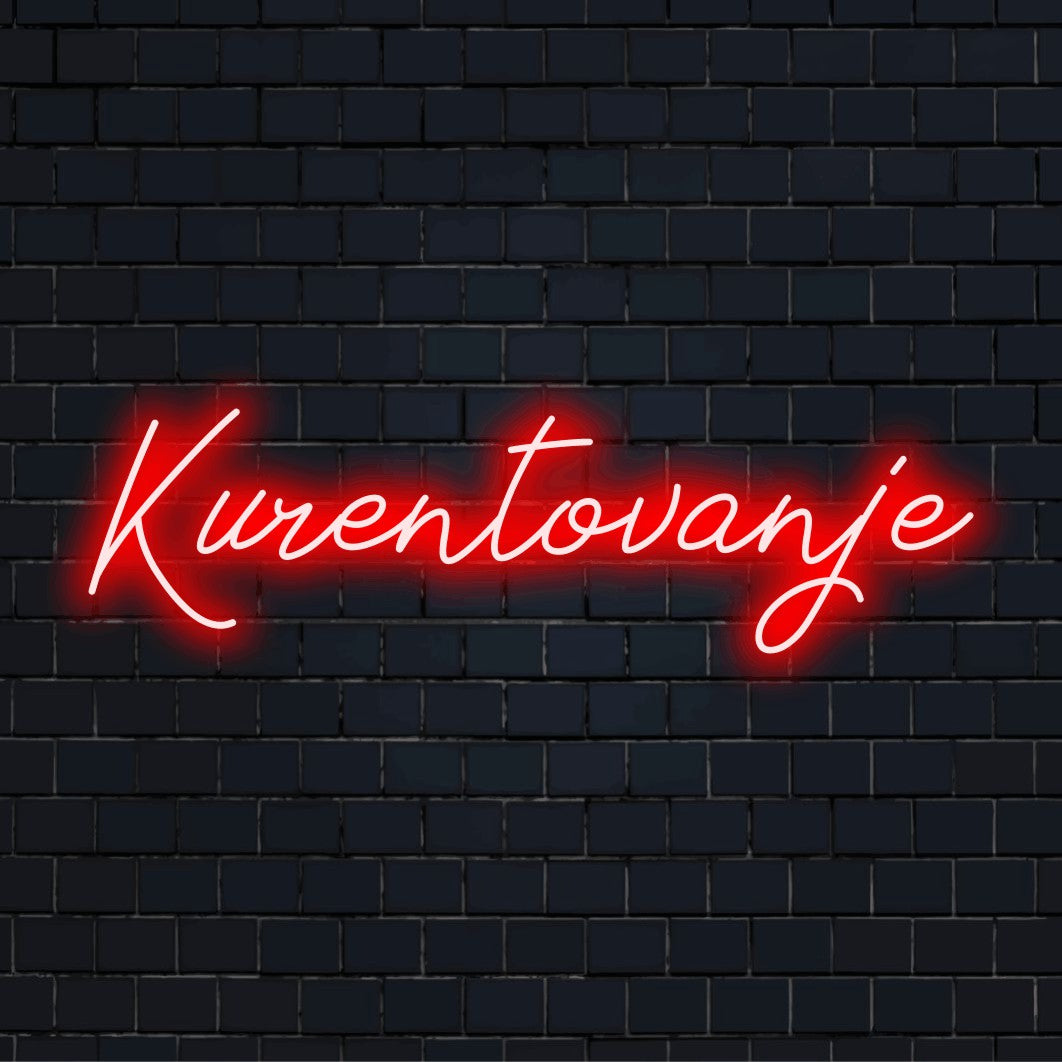 Kurentovanje Neon Sign, neon text light on dark brick wall