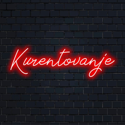 Kurentovanje Neon Sign, neon text light on dark brick wall