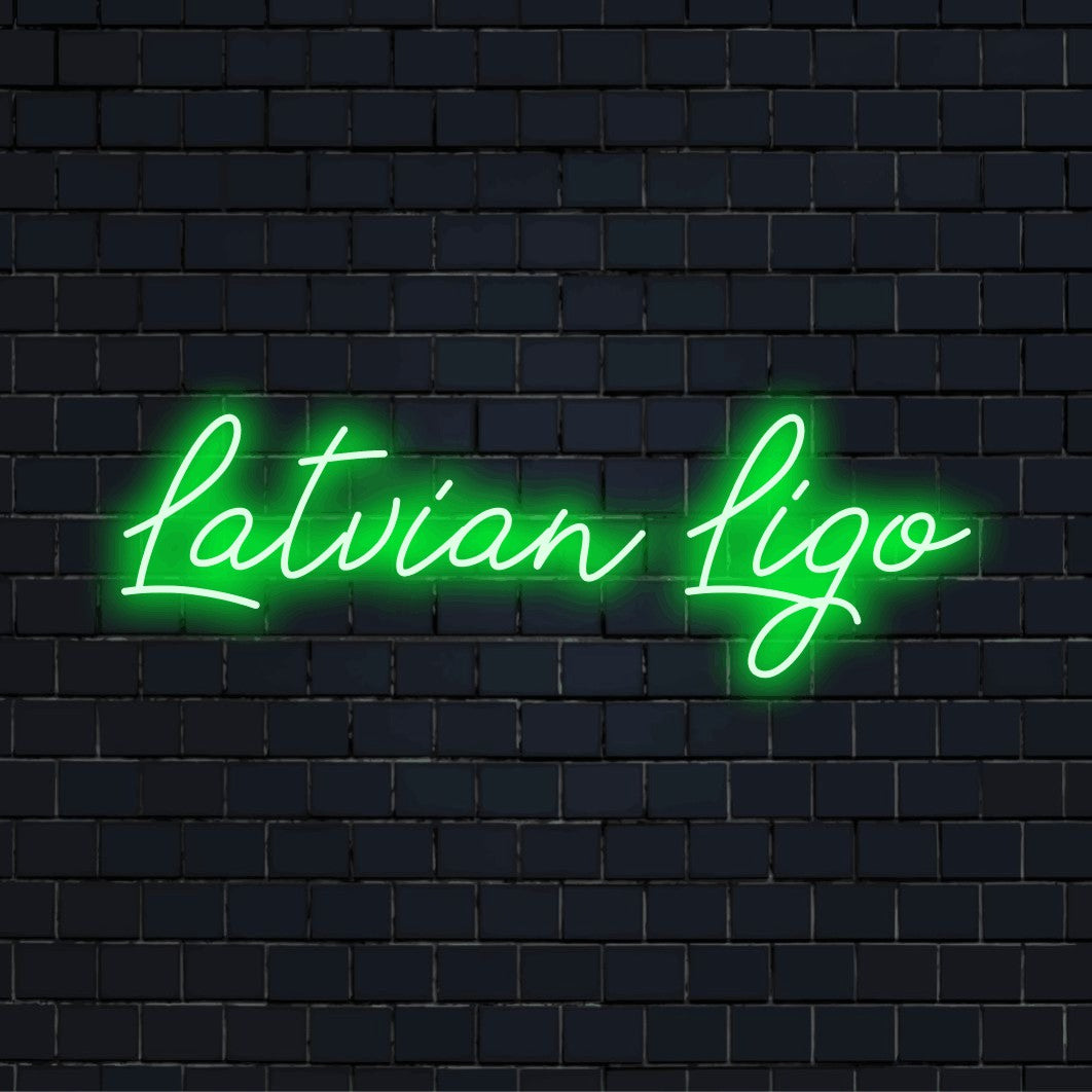 Latvian Ligo Neon Light with glowing wall decor on dark brick background