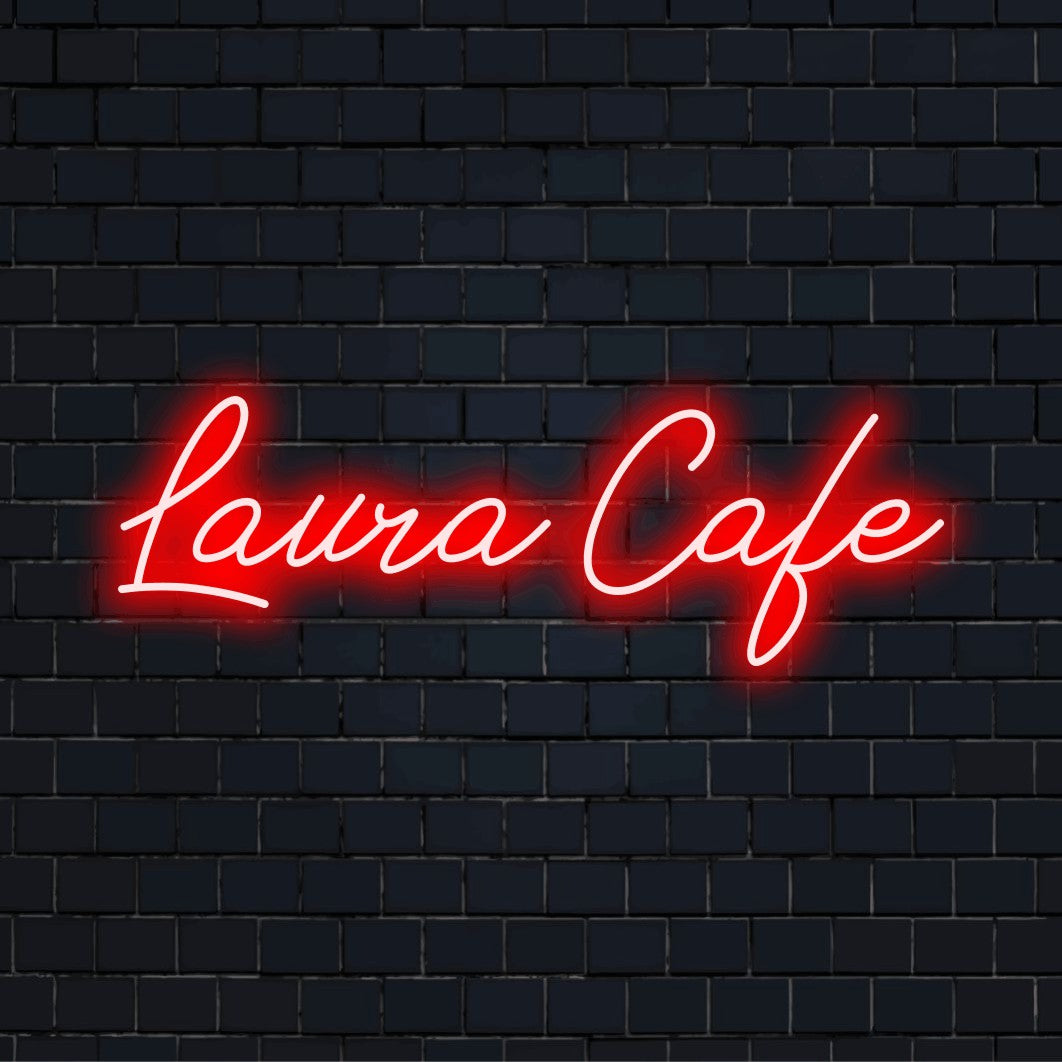 Laura Cafe Custom Name Neon Sign, bright LED glow on dark brick background