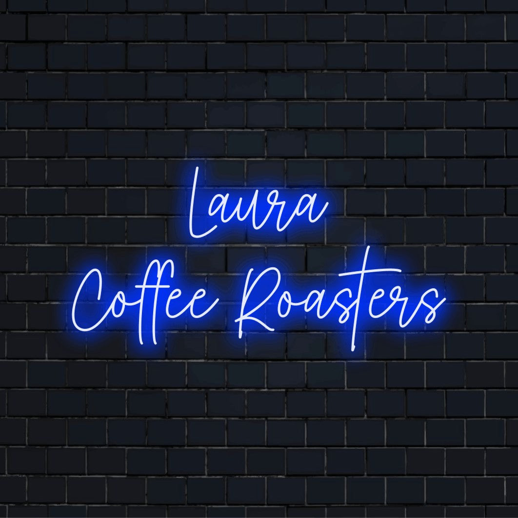 Laura Coffee Roasters Personalized LED Neon Sign, soft neon glow on dark brick background