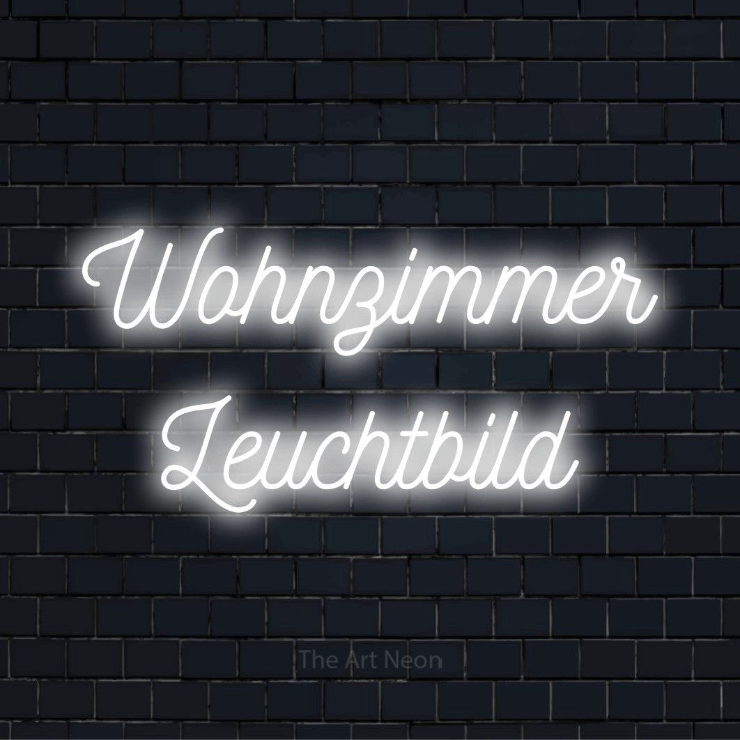 LED-Neonschild mit dem Text „Wohnzimmer Leuchtbild“ auf dunkler Ziegelwand