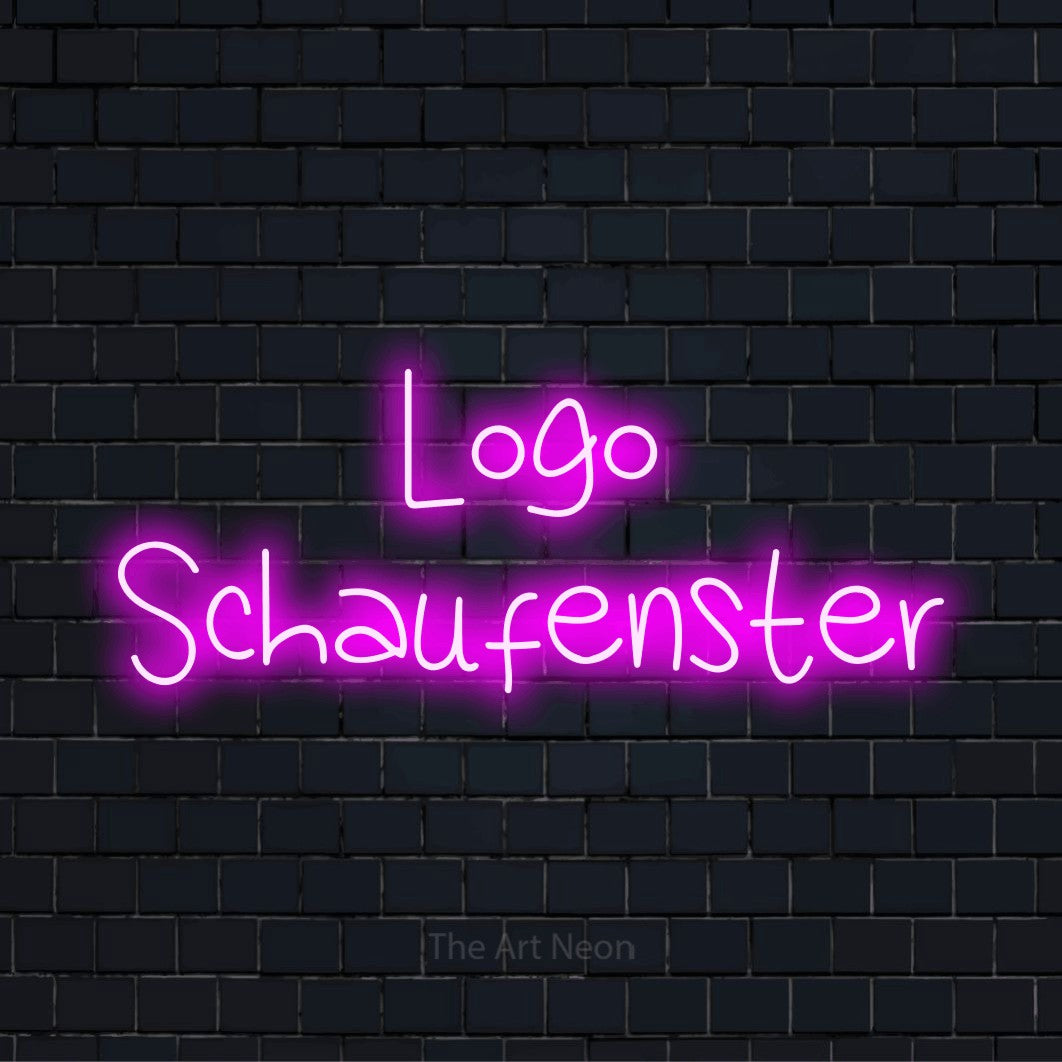 LED-Neonschild mit dem Design „Logo Schaufenster“ auf dunkler Ziegelwand