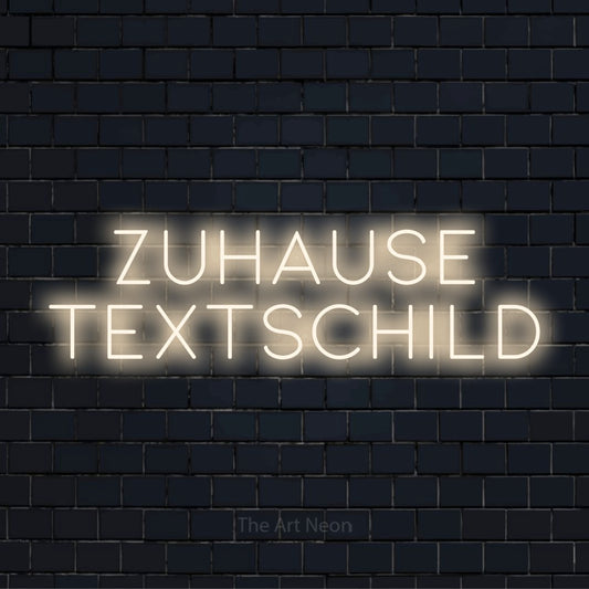 LED-Neonschild mit dem Text „Zuhause Textschild“ auf dunkler Ziegelwand