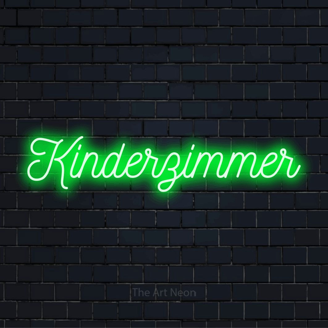 LED-Neonschild mit dem Text „Kinderzimmer“ auf dunkler Ziegelwand