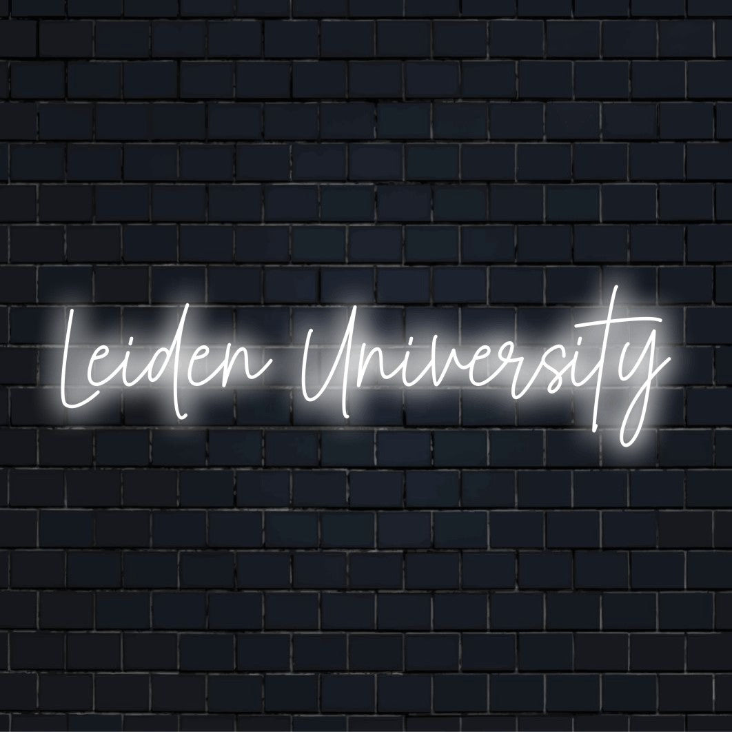 Leiden University Neon Sign, soft neon glow against brick backdrop