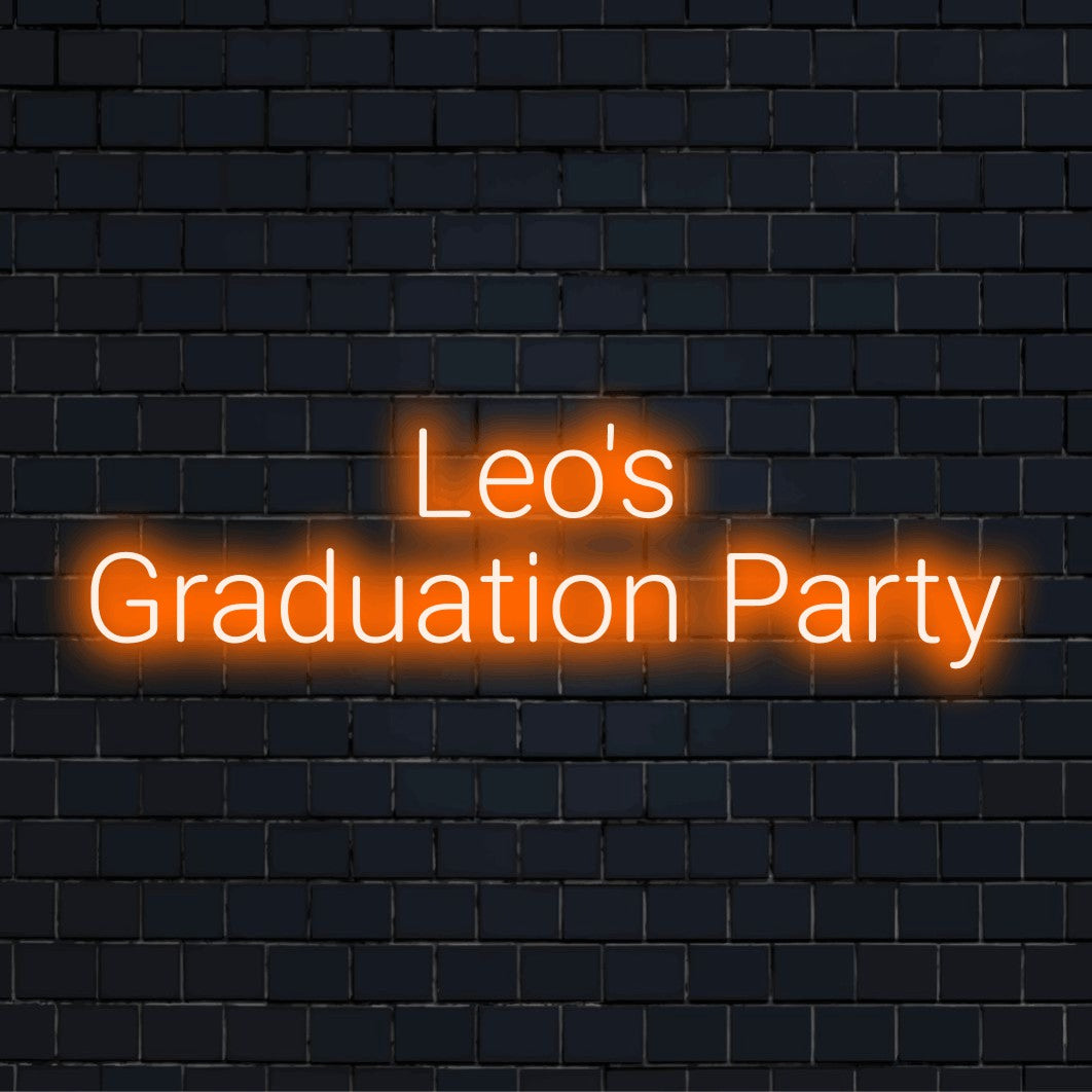 Leo_s Graduation Party Personalized LED Neon Sign, glowing wall decor on dark brick wall