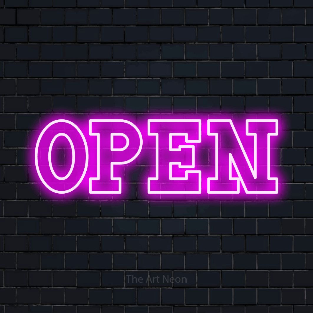 Letreiro néon LED com o texto “Open Néon” numa parede escura