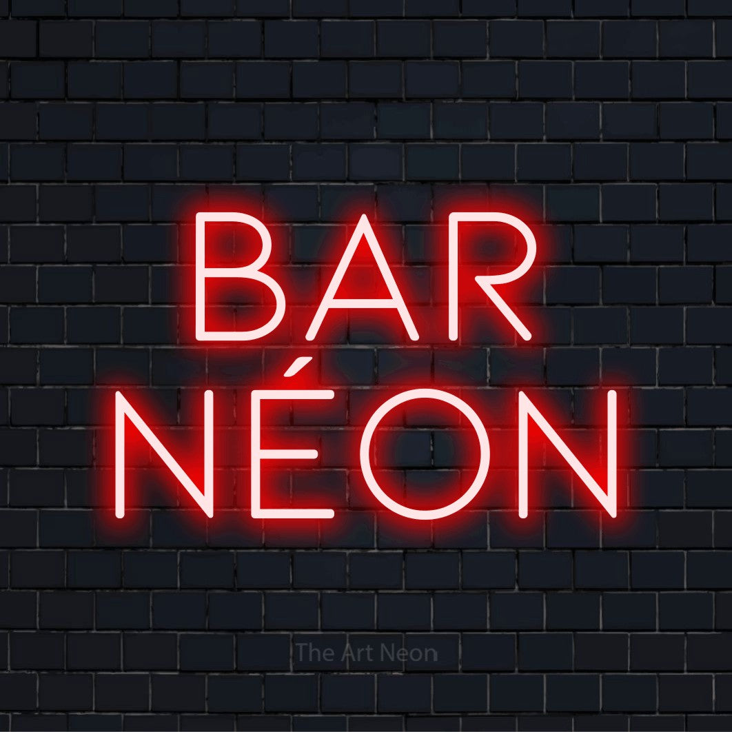Letreiro néon LED com o texto “Bar Néon” numa parede escura