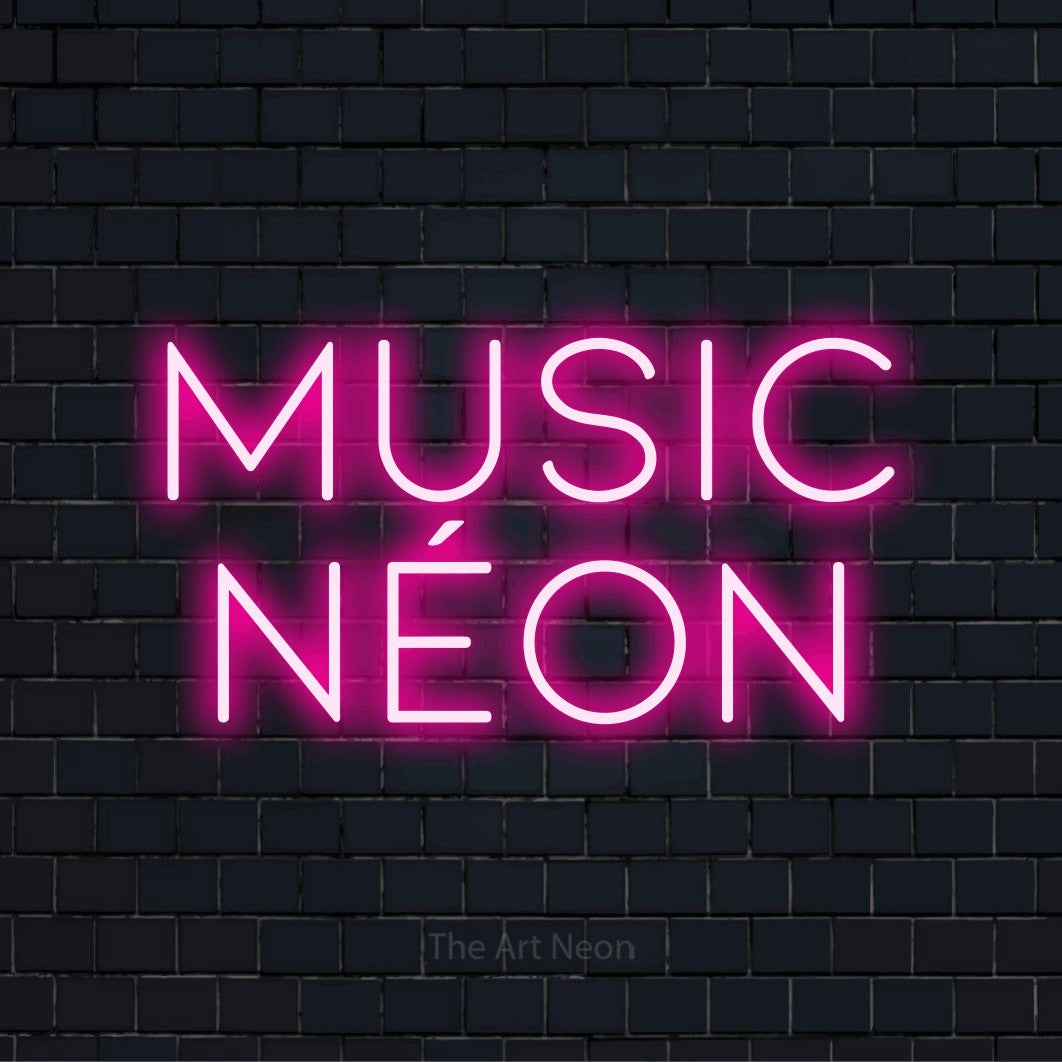 Letreiro néon LED com o design “Music Néon” numa parede escura
