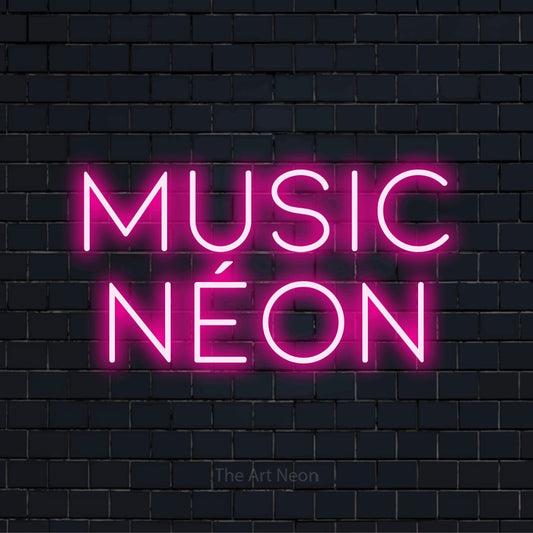 Letreiro néon LED com o design “Music Néon” numa parede escura