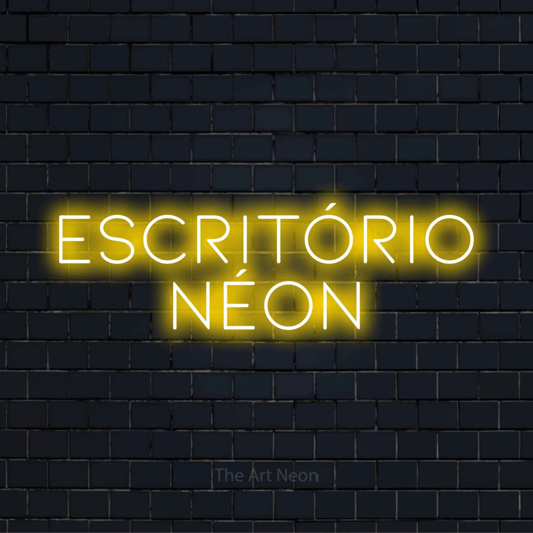 Letreiro néon LED com o design “Escritório Néon” numa parede escura